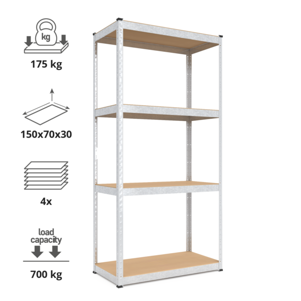 Schwerlastregal, 150x70x30 cm, Max. Tragfähigkeit 700kg, 4 MDF-Böden, verzinkt – Bild 2