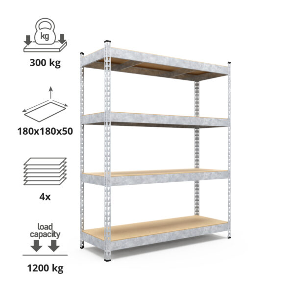 Schwerlastregal, 180x180x50cm, Fachlast 1200kg, 4 MDF-Böden, verzinkt – Bild 3