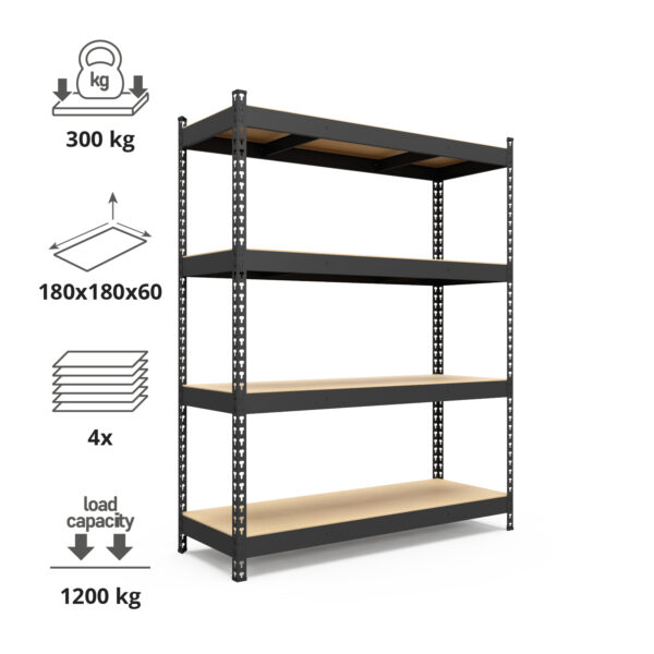 Schwerlastregal, 180x180x60cm, Fachlast 1200kg, 4 MDF-Böden, schwarz – Bild 3