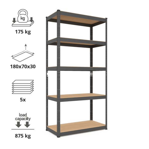 Schwerlastregal, 180x70x30 cm, Max. Tragfähigkeit 875kg, 5 MDF-Böden, schwarz – Bild 2