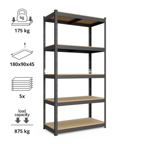 Schwerlastregal, 180x90x45 cm, Max. Tragfähigkeit 875kg, 5 MDF-Böden, schwarz – Bild 2