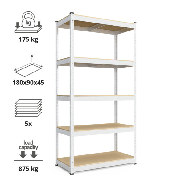 Schwerlastregal, 180x90x45 cm, Max. Tragfähigkeit 875kg, 5 MDF-Böden, verzinkt – Bild 2
