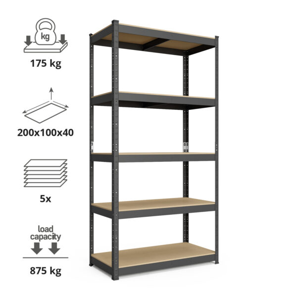 Schwerlastregal, 200x100x40 cm, Max. Tragfähigkeit 750kg, 5 MDF-Böden, schwarz – Bild 2