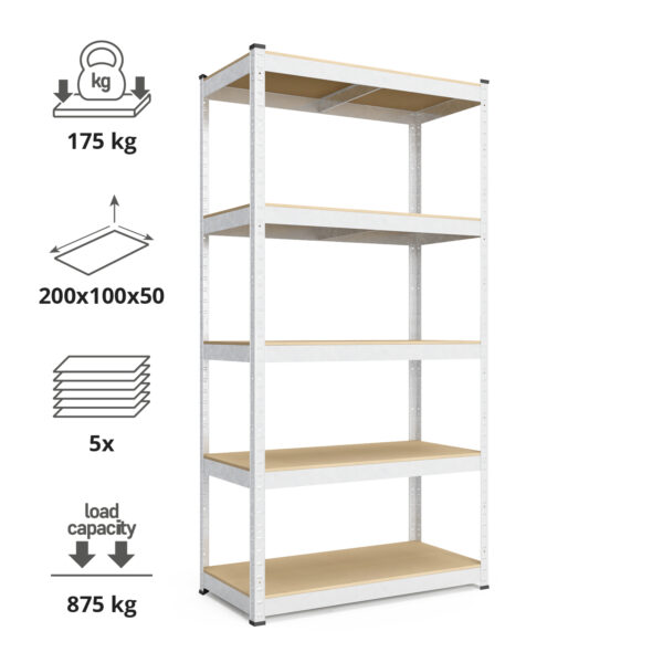 Schwerlastregal, 200x100x50cm, Max. Tragfähigkeit 750kg, 5 MDF-Böden, verzinkt – Bild 2
