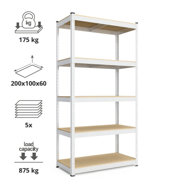 Schwerlastregal, 200x100x60 cm, Max. Tragfähigkeit 750kg, 5 MDF-Böden, verzinkt – Bild 2