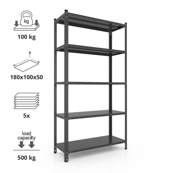 Schraubregal 180x100x60cm, 500 kg, 5 Metallböden, Schwarz – Bild 2