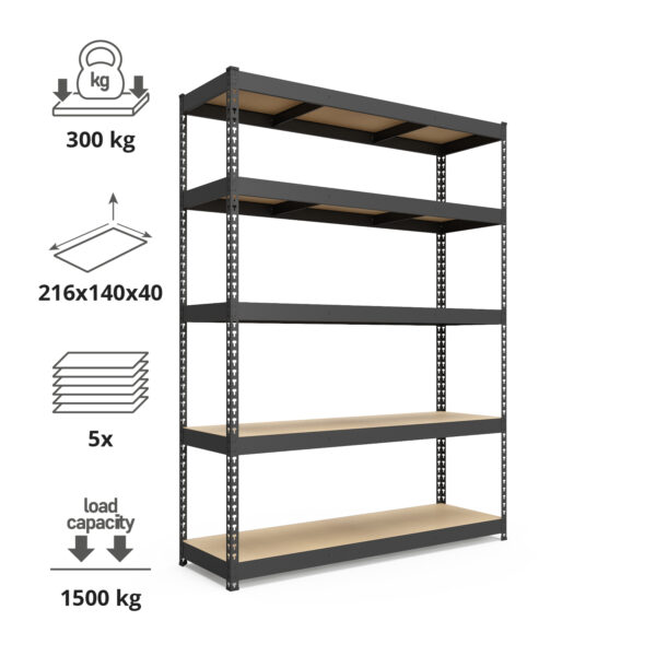 Schwerlastregal, 216x140x40cm, Fachlast 1500kg, 5 MDF-Böden, schwarz – Bild 2