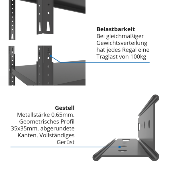 Schraubregal 180x100x60cm, 500 kg, 5 Metallböden, Schwarz – Bild 5