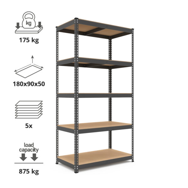 Schraubregal 180x90x50cm, 875 kg, 5 MDF-Böden, schwarz – Bild 2