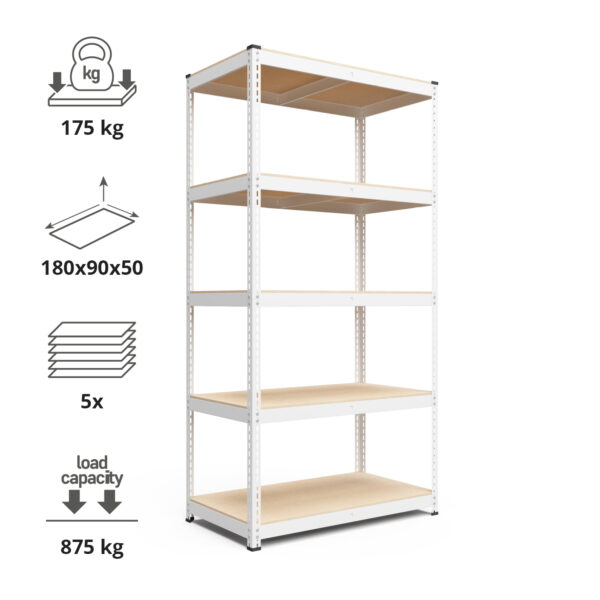 Schraubregal 180x90x50 cm Etalon 875 kg 5 Spanplatte-Böden weiss