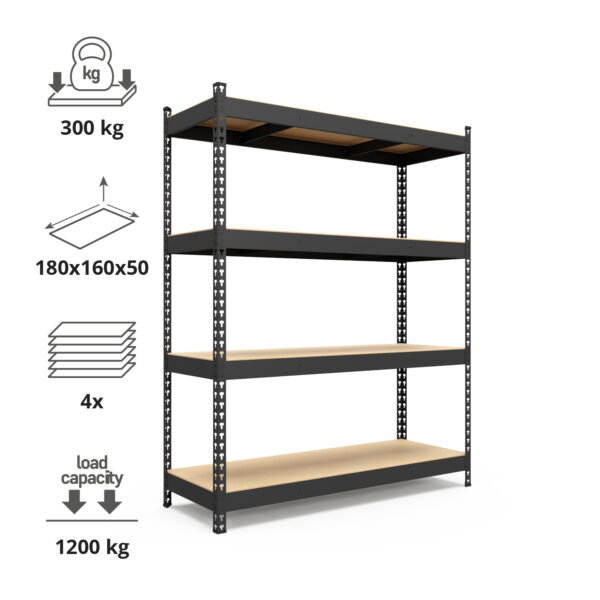 Schwerlastregal, 180x160x50cm, Fachlast 1200kg, 4 MDF-Böden, schwarz – Bild 2