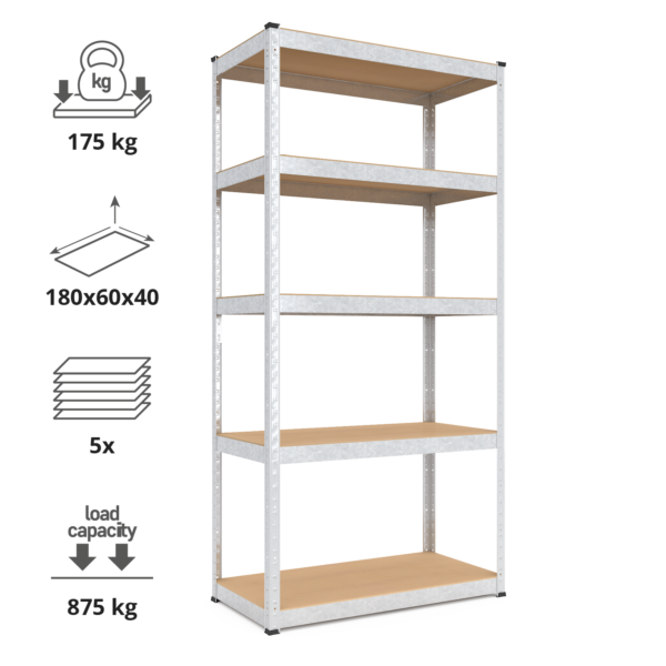 Schwerlastregal, 180x60x40cm, Max. Tragfähigkeit 875 kg, 5 MDF-Böden, verzinkt – Bild 2
