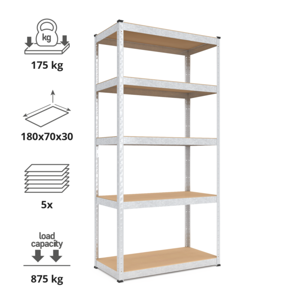 Schwerlastregal, 180x70x30 cm, Max. Tragfähigkeit 875kg, 5 MDF-Böden, verzinkt – Bild 2