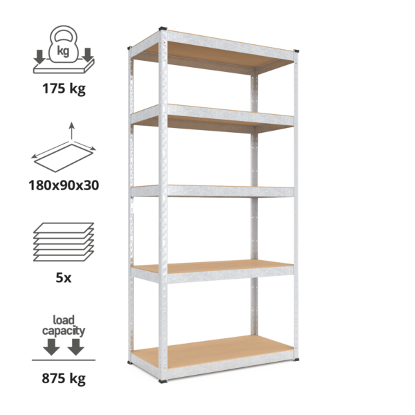 Schwerlastregal, 180x90x40 cm, Max. Tragfähigkeit 875kg, 5 MDF-Böden, verzinkt – Bild 2