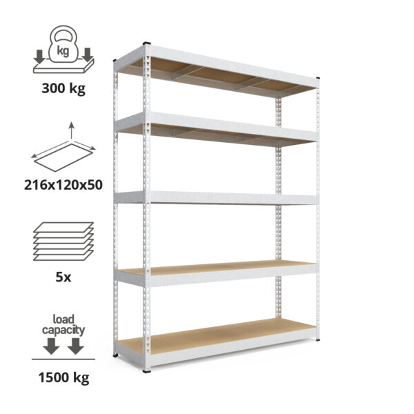 Schwerlastregal, 216x120x50cm, Fachlast 1500kg, 5 MDF-Böden, verzinkt – Bild 3