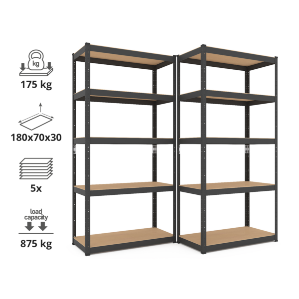 Schwerlastregal, 180x70x30cm 2er-Set, Max. Tragfähigkeit 875 kg, 5 MDF-Böden, schwarz – Bild 2