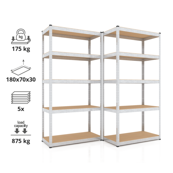 Schwerlastregal, 180x70x30 cm 2er-Set, Max. Tragfähigkeit 875 kg, 5 MDF-Böden, verzinkt – Bild 2