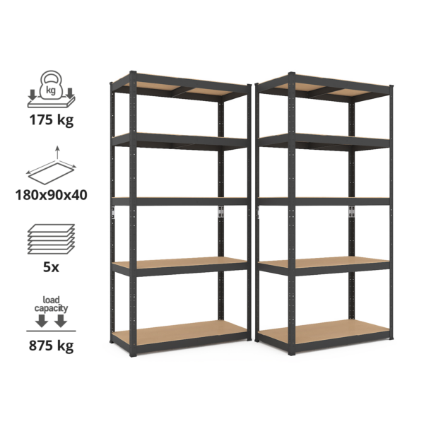 Schwerlastregal, 180x90x40 cm 2er-Set, Max. Tragfähigkeit 875kg, 5 MDF-Böden, schwarz – Bild 2