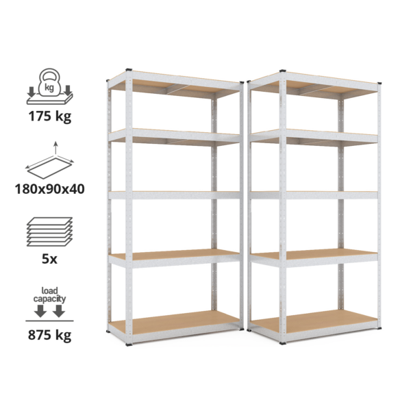 Schwerlastregal, 180x90x40cm 2er-Set, Max. Tragfähigkeit 875kg, 5 MDF-Böden, verzinkt – Bild 2