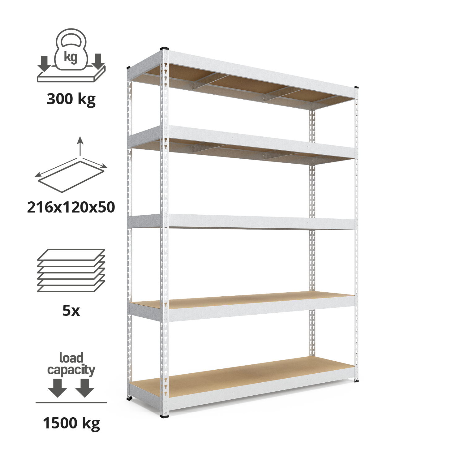 Schwerlastregal, 180x160x50cm, Fachlast 1200kg, 4 MDF-Böden, verzinkt 2 216-120-50-5-mdf-boden-verzinkt-2