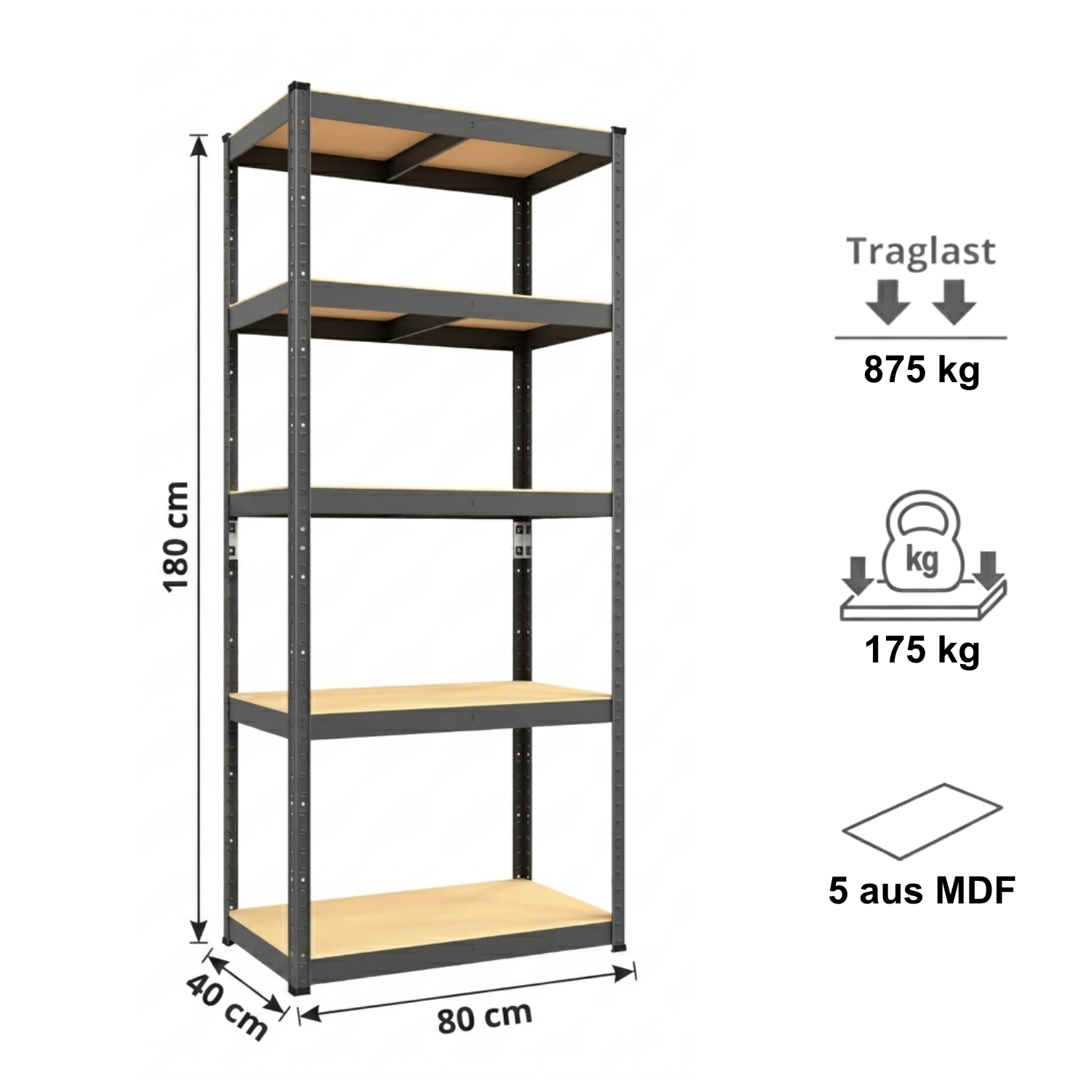Schwerlastregal, 180x80x40 cm, Max. Tragfähigkeit 875kg, 5 MDF-Böden, schwarz 2 Schwerlastregal, 180x80x40 cm, Max. Tragfähigkeit 875kg, 5 MDF-Böden, schwarz – Bild 2