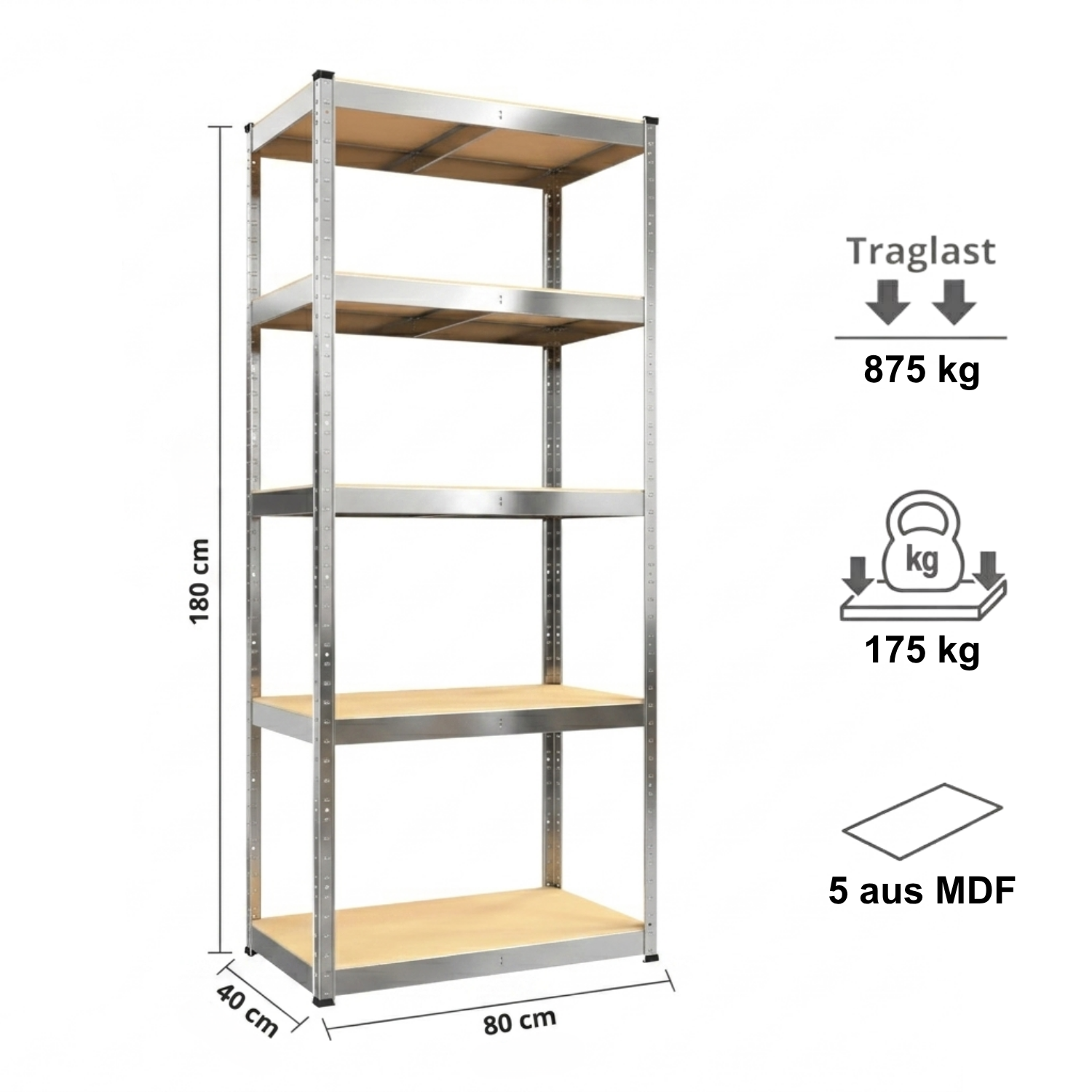 Schwerlastregal, 180x80x40cm 2er-Set, Max. Tragfähigkeit 875kg, 5 MDF-Böden, verzinkt 2 Schwerlastregal, 180x80x40cm 2er-Set, Max. Tragfähigkeit 875kg, 5 MDF-Böden, verzinkt – Bild 2